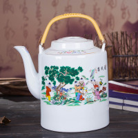 【新年特卖】景德镇复古陶瓷茶壶大茶壶大号凉水壶大容量提梁壶单壶陶瓷老茶壶吉祥鹤 4.6升加固婴戏图