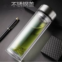 [新年特卖]双层加厚玻璃杯耐热玻璃水杯大容量茶杯男女办公水杯家用保温杯子吉祥鹤 450ML烧底钢本盖