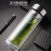 [新年特卖]双层加厚玻璃杯耐热玻璃水杯大容量茶杯男女办公水杯家用保温杯子吉祥鹤 550ML烧底钢本盖
