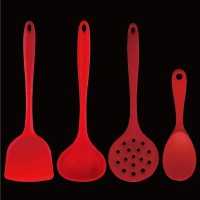 [品牌优选]不粘锅专用硅胶铲子耐高温家用炒菜锅铲厨具套装汤勺炒勺煎铲吉祥鹤 红色铲+红色饭勺+红色汤壳+红色漏勺