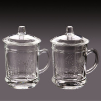 [品牌优选]家用加厚耐热梅兰竹菊刻花玻璃杯办公泡茶杯大容量带盖带把水杯子吉祥鹤 兰花+菊花