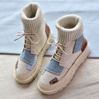 高帮小短靴女2019秋冬网红潮鞋百搭平底学生鞋子毛线口复古马丁靴 莎丞