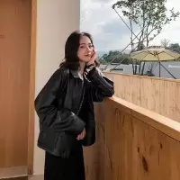 港味chic复古机车PU皮衣外套2019秋季新款宽松bf学生口袋短夹克女 莎丞