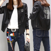 2019秋韩版印花梦露网纱拼宽松短款时尚皮衣女水洗pu皮夹克外套 莎丞