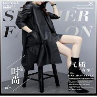 2019新款女装秋冬宽松大码中长款a字皮衣外套女黑色拼接pu皮大衣 莎丞
