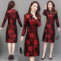 2019新款中老年女装春装改良旗袍式连衣裙金丝绒婚礼打底裙妈妈装 莎丞