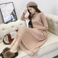 针织长款蕾丝厚款毛衣裙2019新款大码秋冬女装过膝宽松打底连衣裙 莎丞