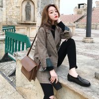 小西装外套女宽松韩版2019春秋新款港风复古格子西服韩国ins 莎丞