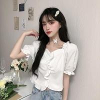 夏季韩版新款法式小众设计感荷叶边修身显瘦网红短袖衬衫女装 莎丞