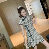 改良旗袍连衣裙少女年轻款复古中国风格子时尚中式小个子少女裙子 莎丞
