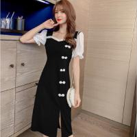 旗袍改良盘口侧开叉连衣裙女夏中长款赫本风小黑裙复古方领桔梗裙 莎丞