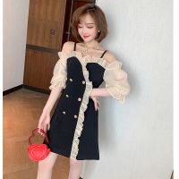 性感露肩拼接撞色荷叶边双排扣修身连衣裙女装2020夏季新款 莎丞