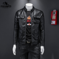 传奇保罗(CHUANQIBAOLUO)春季新款休闲时尚简约舒适百搭潮流帅气韩版男士立领机车皮修身潮皮衣外套
