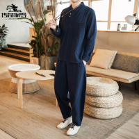 传奇保罗(CHUANQIBAOLUO)春秋季中国风亚麻套装男青年大码古风汉服男士唐装刺绣夹克外套佛系禅服