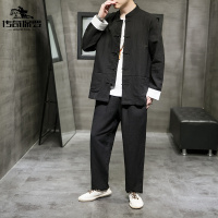 传奇保罗(CHUANQIBAOLUO) 2021秋装男士中国风男装棉麻套装汉服亚麻宽松夹克唐装两件套男