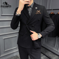 传奇保罗(CHUANQIBAOLUO)21新款男装英伦风双排扣男士西装修身西服套装两件套新郎礼服