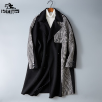 传奇保罗(CHUANQIBAOLUO)21年秋冬新款双面呢格子拼接中长款韩版呢大衣休闲气质男装外套