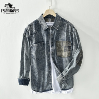 传奇保罗(CHUANQIBAOLUO)春秋季复古男士休闲牛仔长袖衬衫日系潮流宽松拼接牛仔褂衬衣外套