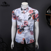 传奇保罗(CHUANQIBAOLUO)夏季弹力印花大码短袖衬衫时尚休闲百搭宽松胖子半袖花寸衣男装潮