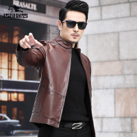 传奇保罗(CHUANQIBAOLUO)棕色男装中青年爸爸商务真皮牛皮衣夹克短款机车立领薄外套春秋