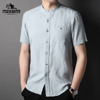传奇保罗(CHUANQIBAOLUO)男士亚麻短袖衬衫夏季2022新款简约中国风修身休闲衬衣男装
