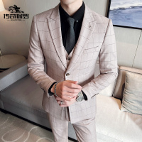 传奇保罗(CHUANQIBAOLUO)新郎西服套装男士三件套修身韩版结婚礼服商务休闲帅气格子浅色西装男