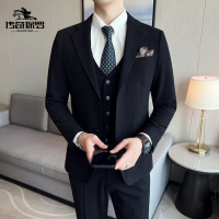 传奇保罗(CHUANQIBAOLUO)男士双扣西服套装含羊毛弹力面料西服商务正装纯色韩版修身西服套装男三件套结婚新郎
