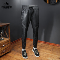 传奇保罗(CHUANQIBAOLUO)22秋冬款时尚潮流宽松大码束脚拼接休闲皮裤中青少年简约男
