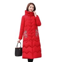 佚貌YIMAO 冬装羽绒棉服女红色妈妈装中长款复古名族风羽绒棉外套中式棉衣袄