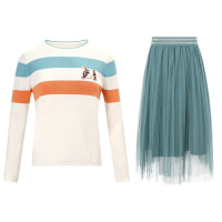 帝紫规毛衣半身裙套装新款女装卡通条纹套头针织打底衫