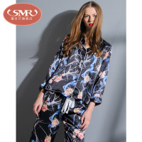 珊目尔新款真丝印花睡衣女两件套桑蚕丝夏季长袖丝绸家居服套装