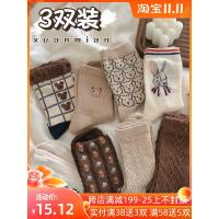 卡其色袜子女中筒袜ins潮纯棉春秋日系可爱卡通复古秋冬长筒袜女