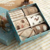 caramella秋冬袜子女子 卡其色学院风6双装女士礼盒袜