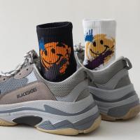 涂鸦笑脸袜子男中筒袜ins潮牌春秋季运动篮球袜男生纯棉长袜男士