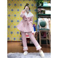 韩版纯棉三层夹棉睡衣女冬天格子竖条纹加绒家居服套装