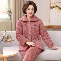冬季睡衣女三层法兰绒夹棉中老年人加厚加绒保暖家居服妈妈款棉袄