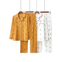 胡萝卜棉纱日系情侣睡衣男女春秋季双层纯棉纱布长袖家居服套装