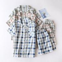 情侣睡衣纯棉纱布格子短袖短裤夏季薄款男女士居家开衫家居服套装