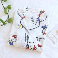 新款纯棉纱布睡衣套 女士居家可爱猫咪长袖长裤家居服