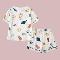 睡衣女夏季纯棉日系可爱猫咪短袖短裤套装居家服夏天家居服两件套