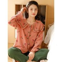 韩版可爱长袖睡衣女春秋款纯棉纱布套装夏季薄款开衫两件套居家服