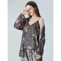 2021睡衣女秋冬长袖金丝绒国风紫玉兰花吊带居家服3件套