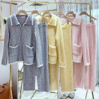 时尚针织毛线睡衣女秋冬半边绒池妈网红款日系软绵绵家居服居家服