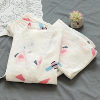 日系系绳睡衣女春夏纯棉纱薄款七分袖长裤居家汉服白色卡通汗蒸服