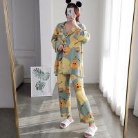 春夏冰丝绸棉长袖长裤开衫薄款大码睡衣卡通格子居家服套装女士