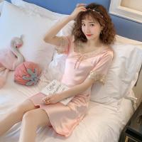 睡裙女夏季短袖冰丝绸韩版甜美睡衣女士蕾丝花边中长款居家服裙子