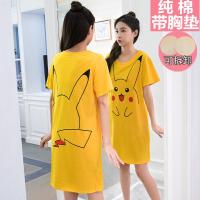 全棉纯棉睡裙女夏季短袖带胸垫免穿文胸睡衣女可外穿居家服中长裙