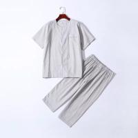 出口外贸!夏季男士睡衣短袖七分裤无领居家服全棉双层纱日式纯棉