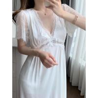 宫廷风睡裙女夏季短袖蕾丝居家服冰丝薄款公主长款过膝连衣裙睡衣