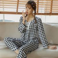春夏季家居服女士长袖长裤圆领格子布棉绸套装人造棉居家睡衣